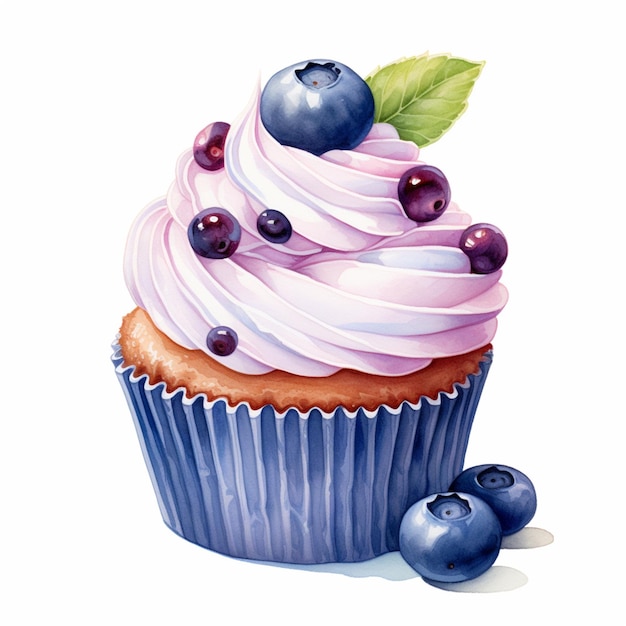 Malerei eines Cupcakes mit Blaubeeren und Sahne auf der generativen KI