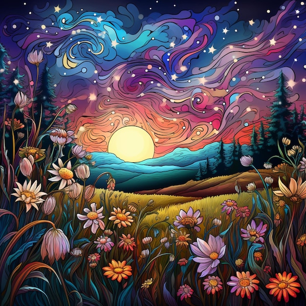 Malerei eines Feldes mit Blumen und einem Sonnenuntergang im Hintergrund generative KI