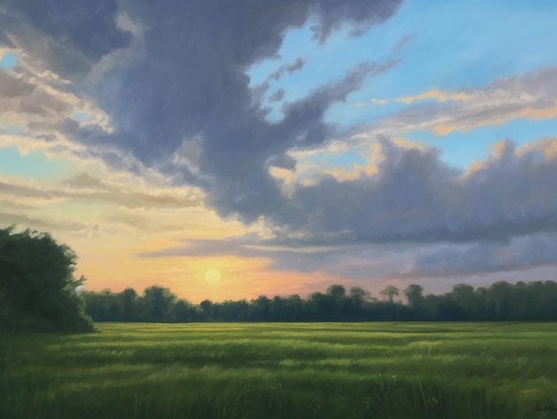 Malerei eines Feldes mit einem Sonnenuntergang im Hintergrund generativ ai