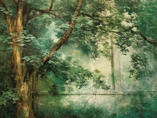 Malerei eines Fensters in einem Baum mit einer Bank im Vordergrund generative KI
