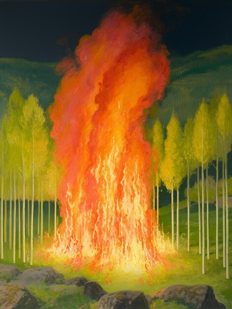 Foto malerei eines feuers auf einem feld mit felsen und bäumen generative ai