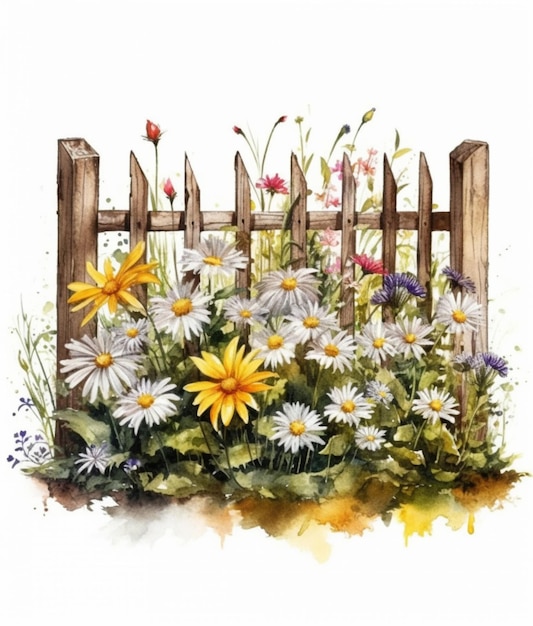 Malerei eines Gartens mit Blumen und einem Holzzaun generative KI