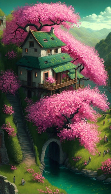 Malerei eines Hauses mit Baum im mittleren Hügel generative KI