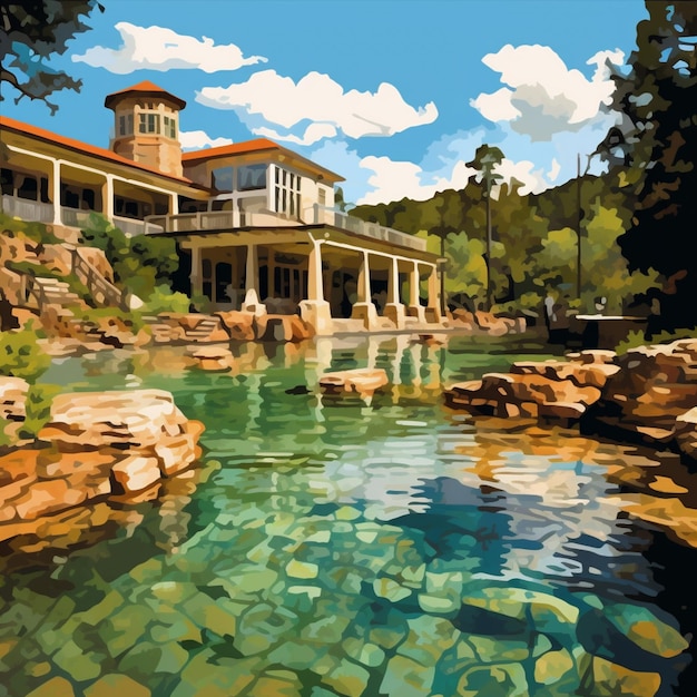 Malerei eines Hauses mit Teich und Wasserfall davor generative KI