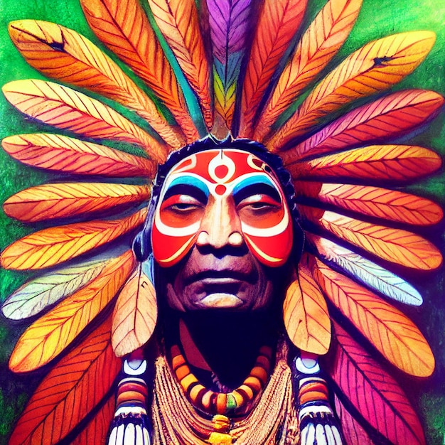 Malerei eines indischen Mannes mit Federn auf seinem Kopf generative ai