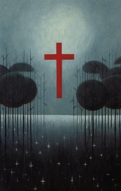 Malerei eines Kreuzes in der Mitte eines Bäumenfeldes generative ai