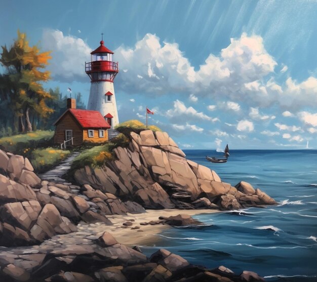 Malerei eines Leuchtturms an einem felsigen Ufer mit einem Boot im Wasser