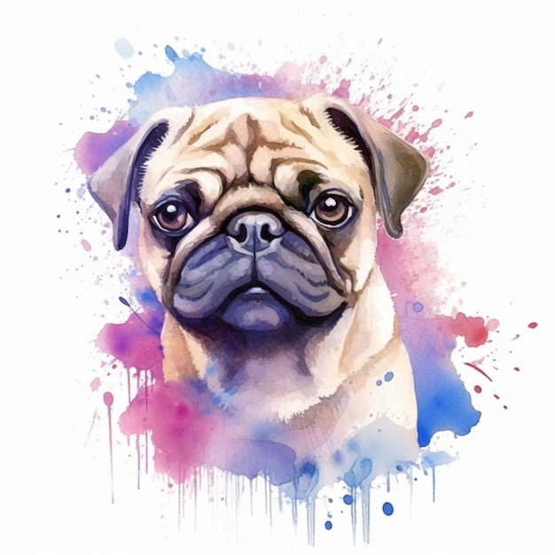 Malerei eines Mops mit einem Aquarell-Splash-Effekt generativ ai