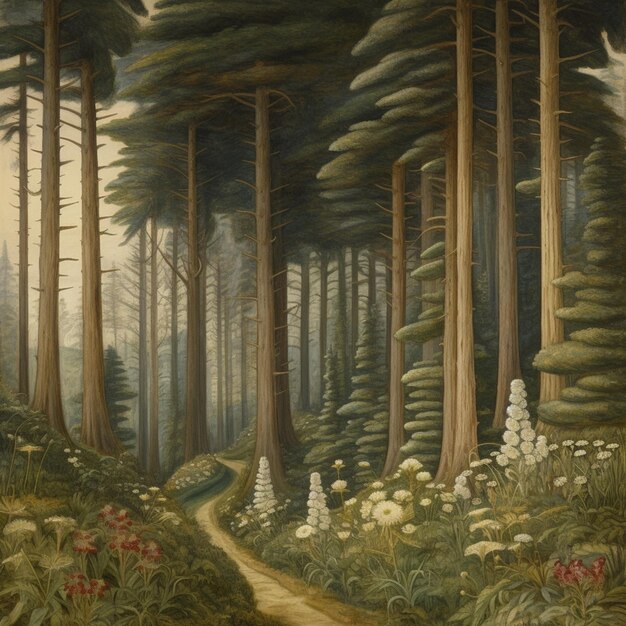 Foto malerei eines pfades in einem wald mit hohen bäumen und blumen generative ai