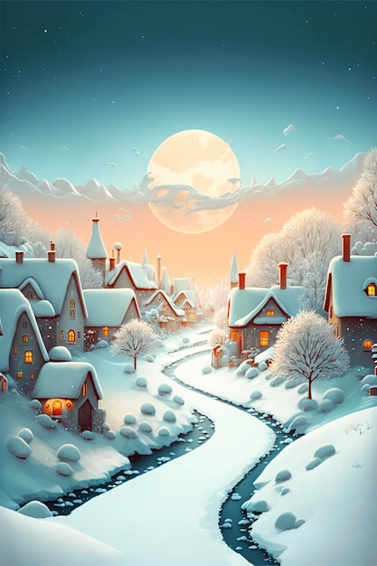 Malerei eines schneebedeckten Dorfes nachts generative ai