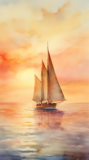 Malerei eines Segelboots im Ozean bei Sonnenuntergang generative ai