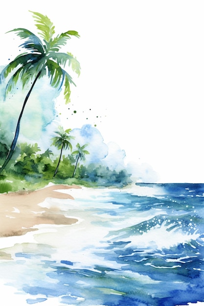 Foto malerei eines strandes mit palmen und einem wasserkörper