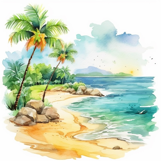 Malerei eines tropischen Strandes mit Palmen und Felsen generativ ai