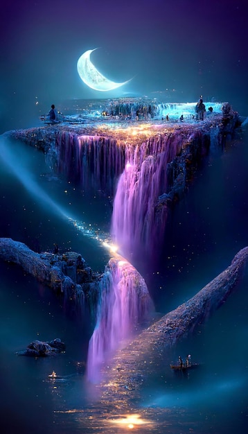 Malerei eines Wasserfalls mit einem Mond im Hintergrund generative ai