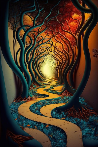 Malerei eines Weges durch den Wald mit hellem Licht am Ende, generative KI