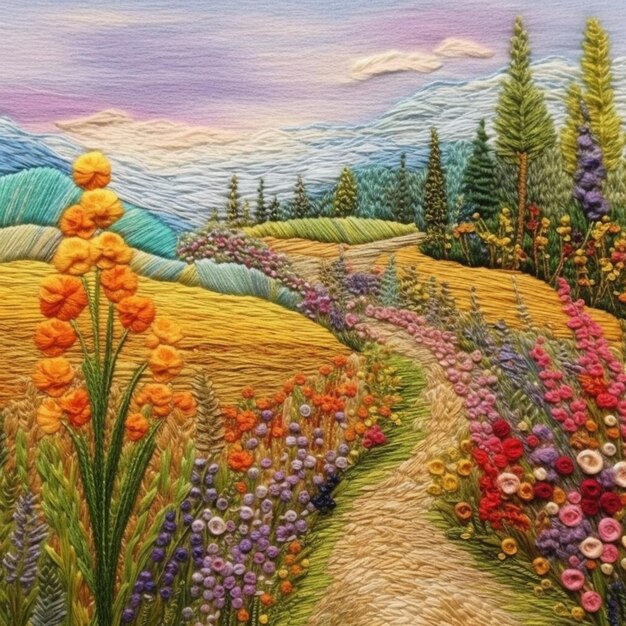 Malerei eines Weges durch ein Blumenfeld mit Bergen im Hintergrund generative KI
