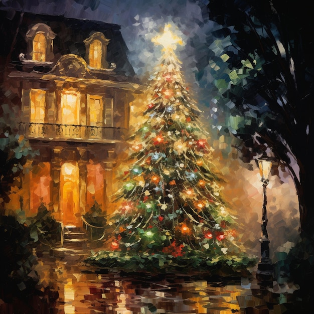 Foto malerei eines weihnachtsbaums vor einem haus mit einem licht auf generativer ai