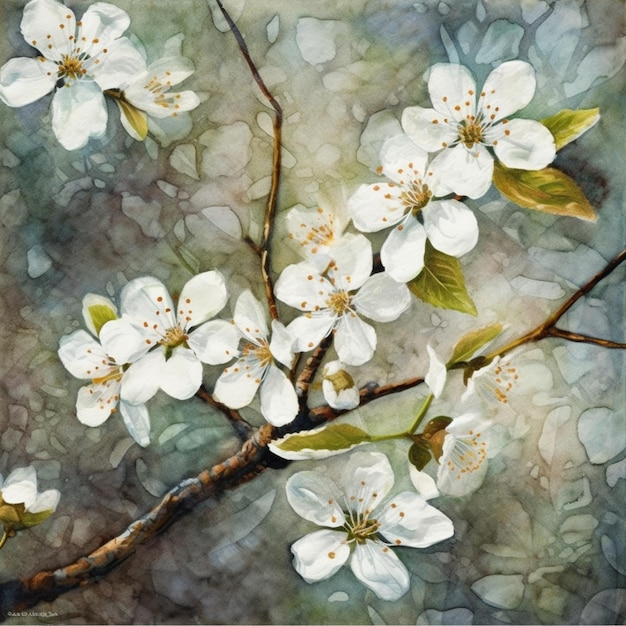 Malerei eines weiß blühenden Baumzweigs mit grünen Blättern, generativer KI
