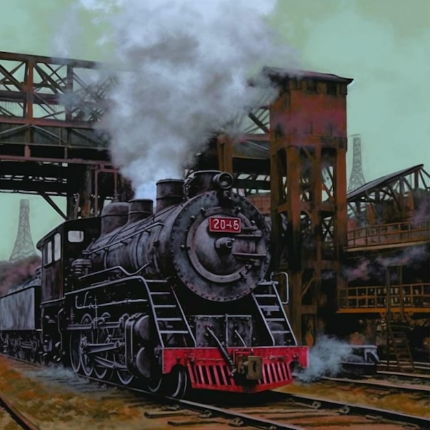 Malerei eines Zugmotors mit Dampf, der aus ihm herauskommt