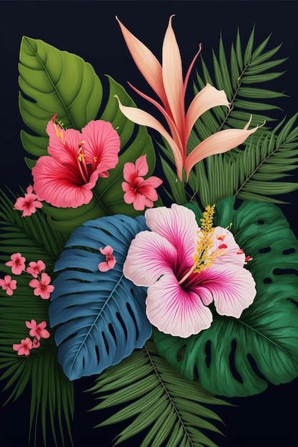 Malerei tropischer Blumen und Blätter auf schwarzem Hintergrund, generative KI