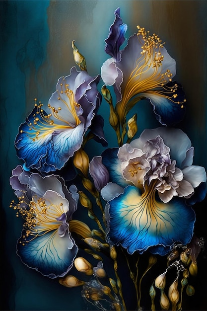 Malerei von blauen Blumen auf blauem Hintergrund, generative KI