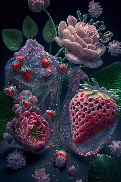 Malerei von Erdbeeren und Rosen in einer Vase generative KI