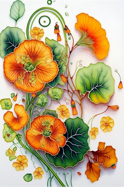 Malerei von orangefarbenen Blumen und grünen Blättern generative ai