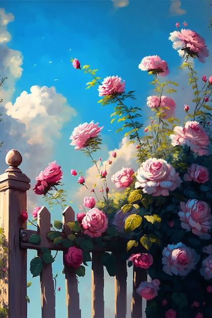 Malerei von rosa Rosen, die auf einem generativen ai des Zauns wachsen