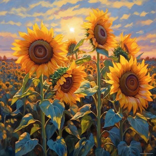 Malerei von Sonnenblumen auf einem Feld mit einer generativen KI der untergehenden Sonne