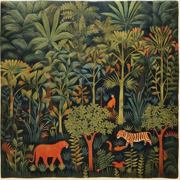 Malerei von Tigern und anderen Tieren in einem tropischen Wald generative KI