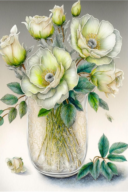 Malerei von weißen Blumen in einer Glasvase generative KI