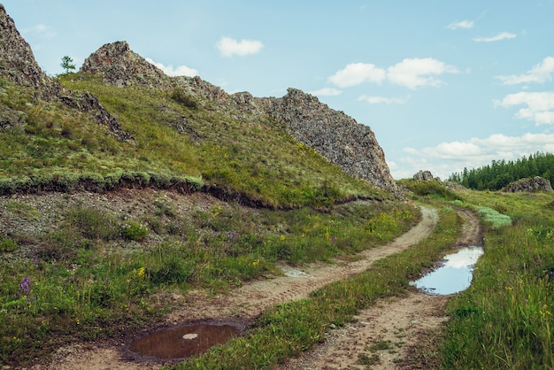 Malerische alpine Landschaft mit Schotterweg entlang Felsen im Hochland. Pfütze auf der Straße in der Nähe von Felsen und üppiger Vegetation in den Bergen. Schöne Berglandschaft mit Schotterweg mit Pfütze inmitten der Bergflora.