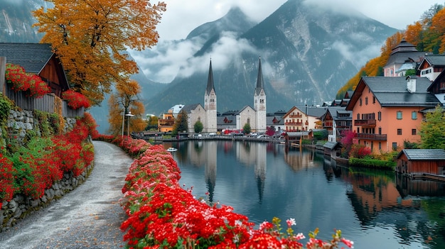 malerische Aussicht auf das Dorf Hallstatt in Österreich am See