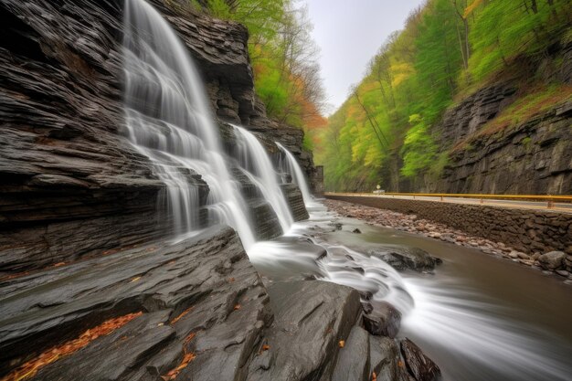 Malerische Autobahn mit Blick auf einen Wasserfall, der die mit generativer KI geschaffenen Felsen hinunterstürzt