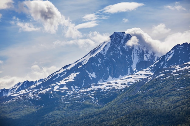 Malerische Berge von Alaska im Sommer. Schneebedeckte Massive, Gletscher und felsige Gipfel.