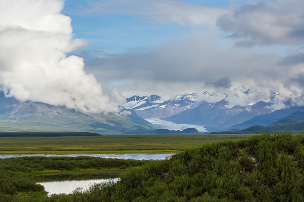 Malerische Berge von Alaska. Schneebedeckte Massive, Gletscher und felsige Gipfel.