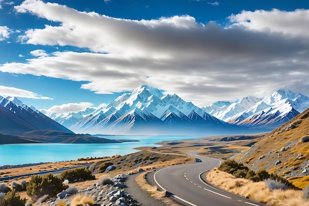 Malerische kurvenreiche Straße entlang des Lake Pukaki zum Mount Cook Nationalpark auf der Südinsel Neuseelands