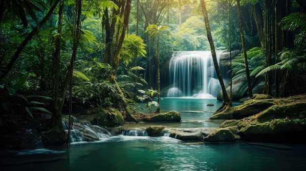 Malerische Landschaft des Dschungel-Regenwaldes Wunderschöne Natur am Erawan-Wasserfall im tiefen Tropengebiet von Siam