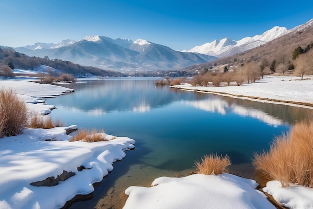 Malerische Landschaft eines ruhigen Sees, umgeben von schneebedeckten Bergen, unter einem blauen Himmel an einem sonnigen Wintertag