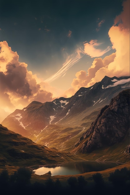 Malerische Landschaft mit Bergbach und Himmel mit Wolken, die mit generativer KI-Technologie erstellt wurden