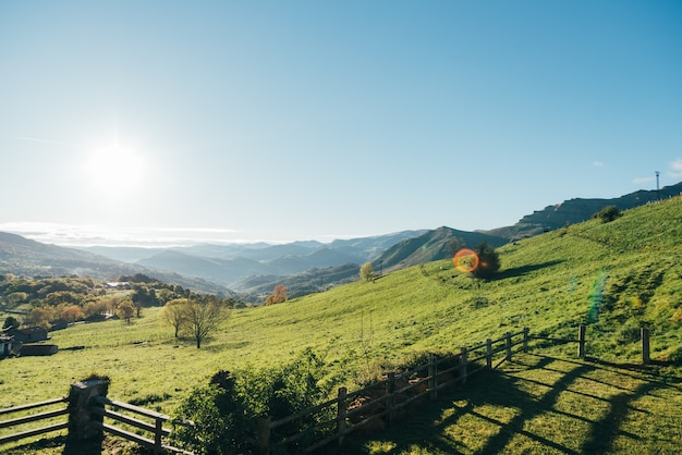 malerische Landschaft mit grünem Grashang des Bergrückens gegen wolkenlosen blauen Himmel am sonnigen Tag