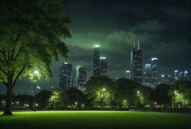 Malerische Stadtansicht vom Park bei Nacht