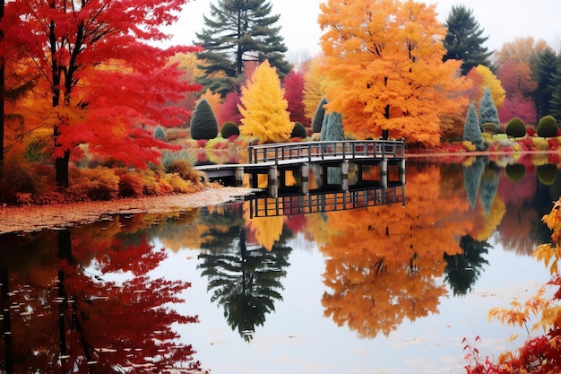Malerische überdachte Brücke im Herbst