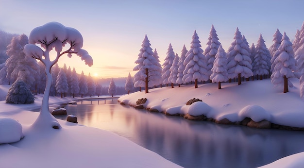 Malerische Winterlandschaft mit schneebedeckten Tannenbäumen am Flussufer bei Sonnenuntergang Illustration 3d