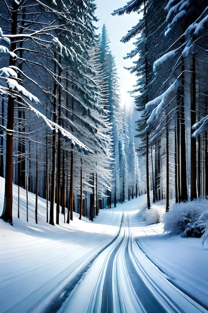 Malerische Winterschneelandschaft mit Straße im Waldhintergrund