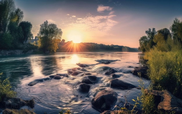 Malerischer Blick auf den Fluss gegen den Himmel bei Sonnenuntergang. Generative KI