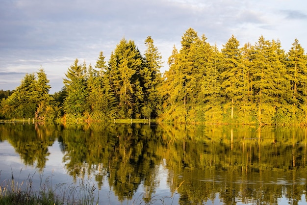 malerischer Blick auf den ruhigen See vor einem bewölkten Himmel