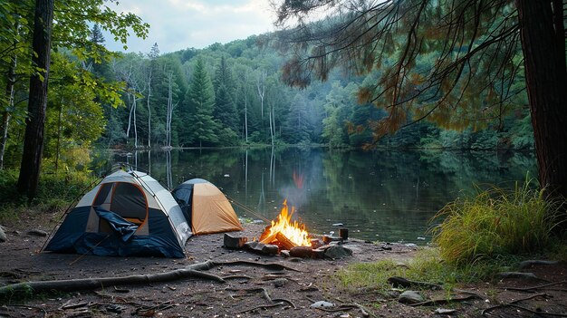 malerischer Campingplatz in der Natur mit Zelten und Lagerfeuer professionelle Fotografie