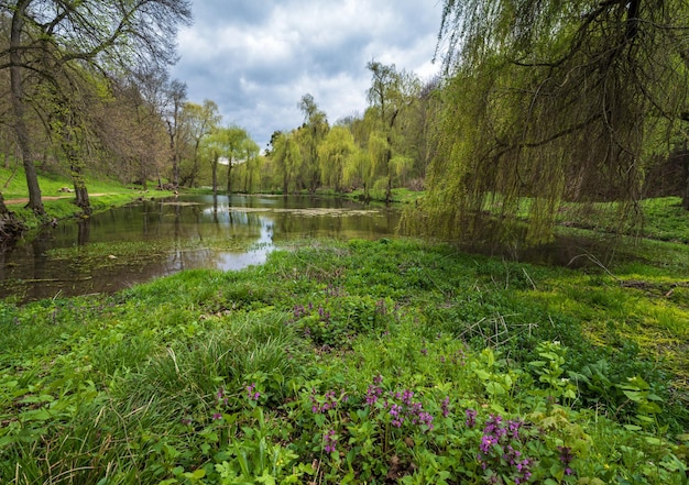 Malerischer Frühlingsteich im ehemaligen Orlovsky Estates Park Maliivtsi Khmelnytsky Region Ukraine