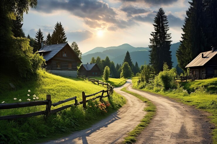 Foto malerisches europäisches abenddorf bei wechselndem wetter